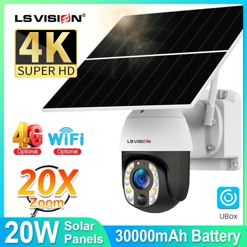 LS VISION 태양광 보안 카메라, 4K 8MP, 20 배 줌, 24/7 시간 녹화, 4G/WiFi 자동 추적, 30000mAh 배터리 카메라, 20W 패널