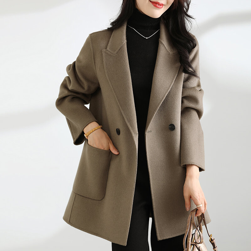 Manteau en cachemire double face pour femme, 100% pure laine, poche courte, tempérament, automne et hiver, nouveau