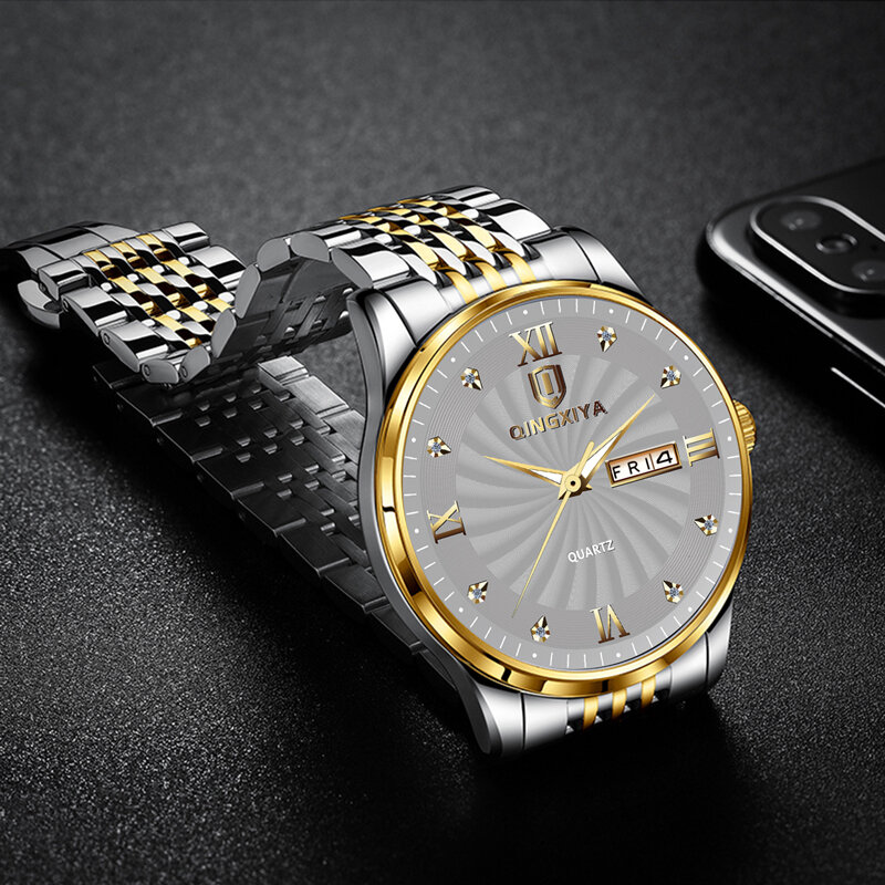 Qingxiya-メンズステンレススチール腕時計,高級アクセサリー,耐水性,発光カレンダーディスプレイ,カジュアル,時計
