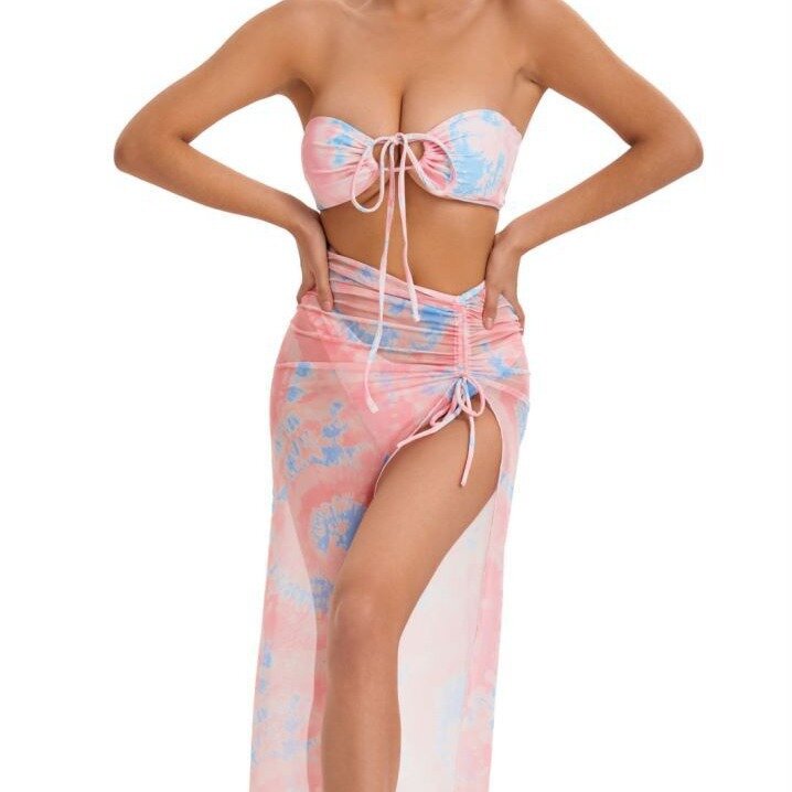 Frauen 4er Pack Print Langarm Bikini-Sets mit Mesh lange Hosen Vertuschungen Badeanzug weibliche Bade bekleidung Tanga Strand Badeanzüge