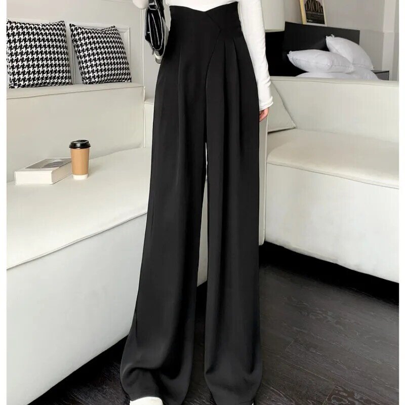 Women's 2024 Spring Summer New Fashionable Formal High Waist Solid Color Panel Ruched Pocket Wide Leg Straight Full Length Pants