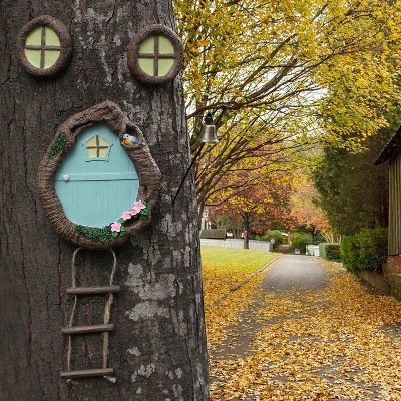 Porta de fadas e janelas para árvores, Mini porta elfo, decoração ao ar livre, acessórios de jardim em miniatura