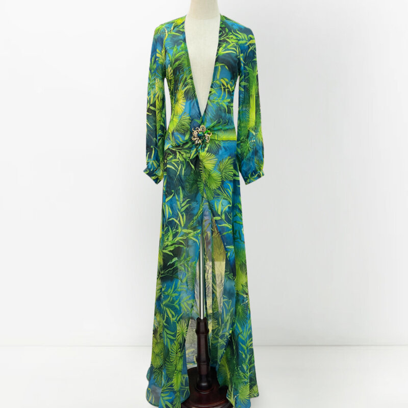 Длинное зеленое платье с глубоким V-образным вырезом и ювелирными пуговицами, банкетное платье, женское пляжное платье