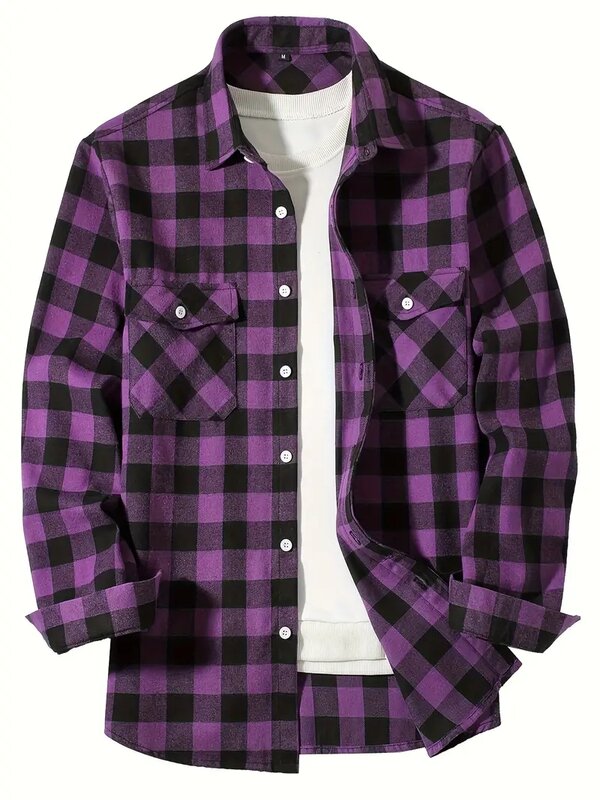 Camisa de flanela xadrez de manga comprida masculina, design de bolso duplo no peito, botão impresso, moda casual, 5 cores, novo, 2022