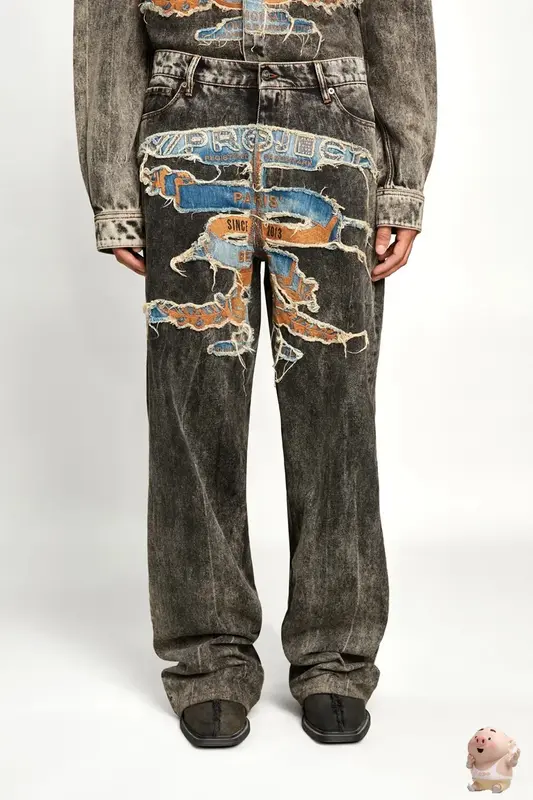 W nowym stylu patchworkowy haft Grailz Project G/R spodnie dżinsy mężczyźni kobiety ciężki materiał unisex sprane spodnie do biegania