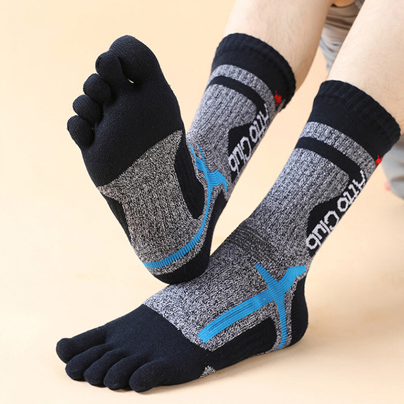 3 Pairs Man Sport Toe Terry Socks Long Cotton Compression Towel Bottom Bike Run Outdoor Basketball 5 Finger Calf socks Damping
