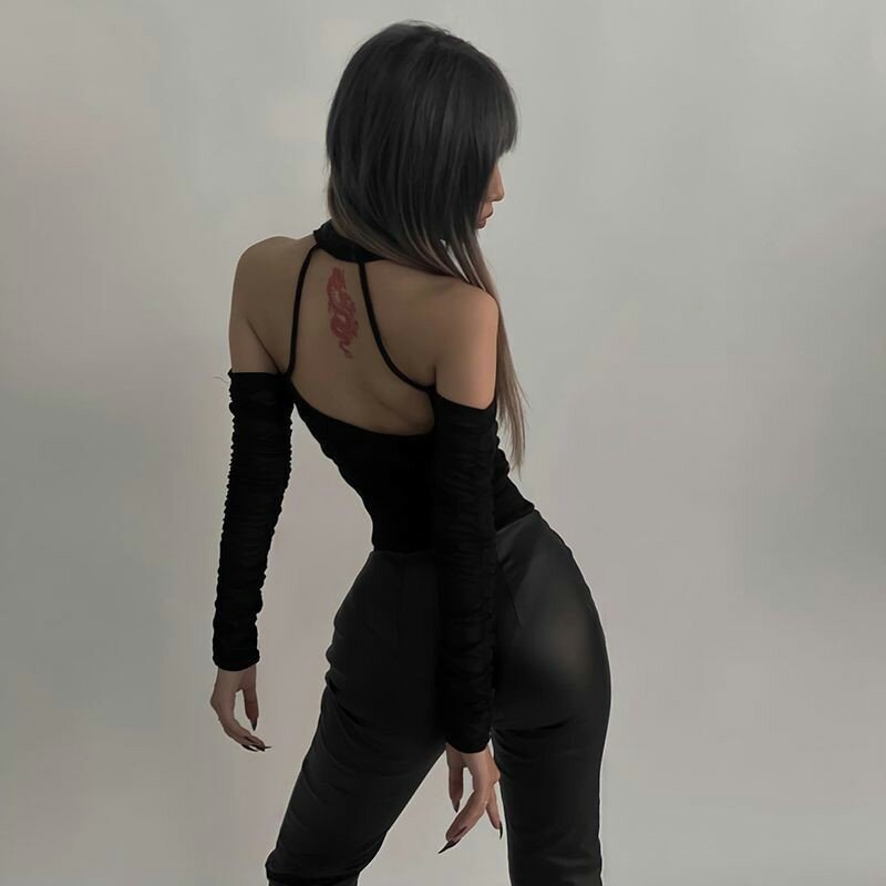 Macacão esportivo preto com V profundo feminino, roupa sem costas, monocromática, sexy, moldar o corpo, novo, moda verão