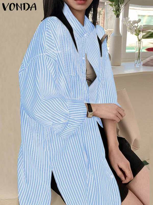 Vonda-Túnica feminina estampada com manga comprida listrada, camisas elegantes, blusa casual, tops de lapela vintage, escritório, outono, 2023