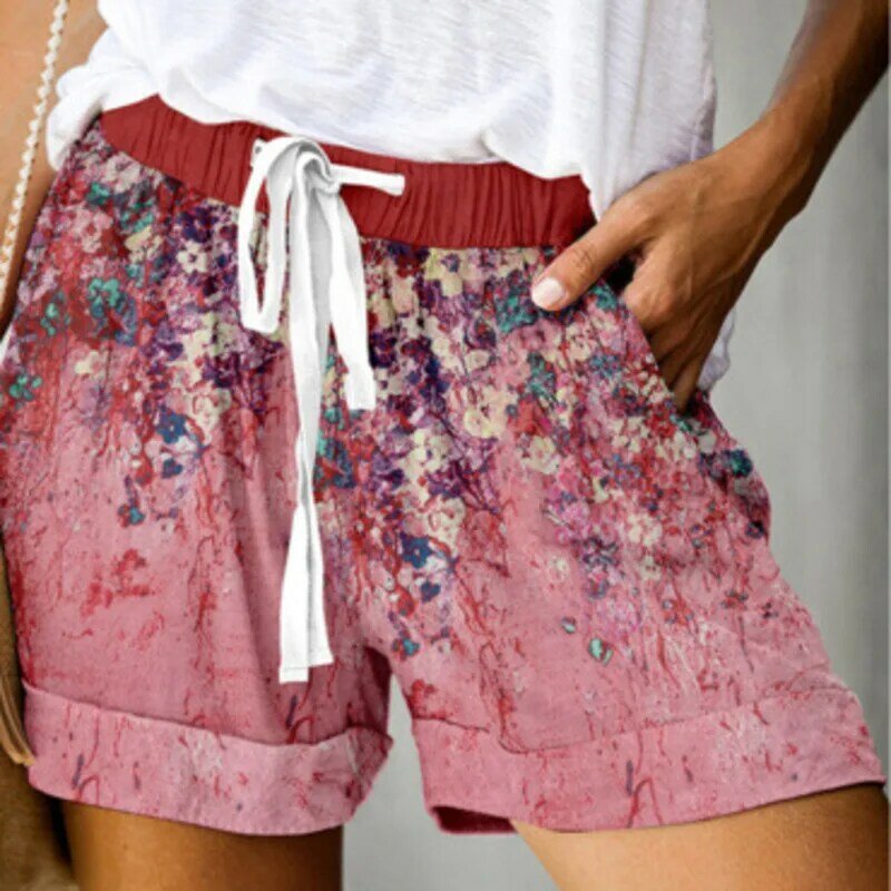 Women 2024 Elastic Waistband Pockets Summer Shorts Wide Leg Floral Print Drawstring Loose Shorts Streetwear