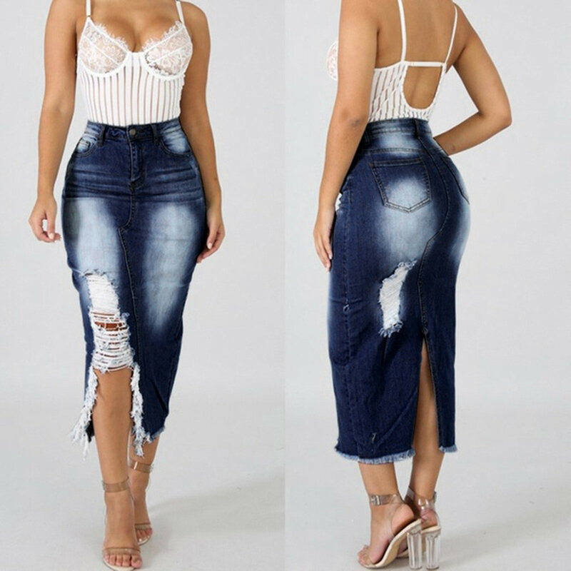 Moda feminina Cintura Alta Rasgado Destruído Bodycon Street Style Split Denim Angustiado Jeans Bodycon Saia Longa Atacado