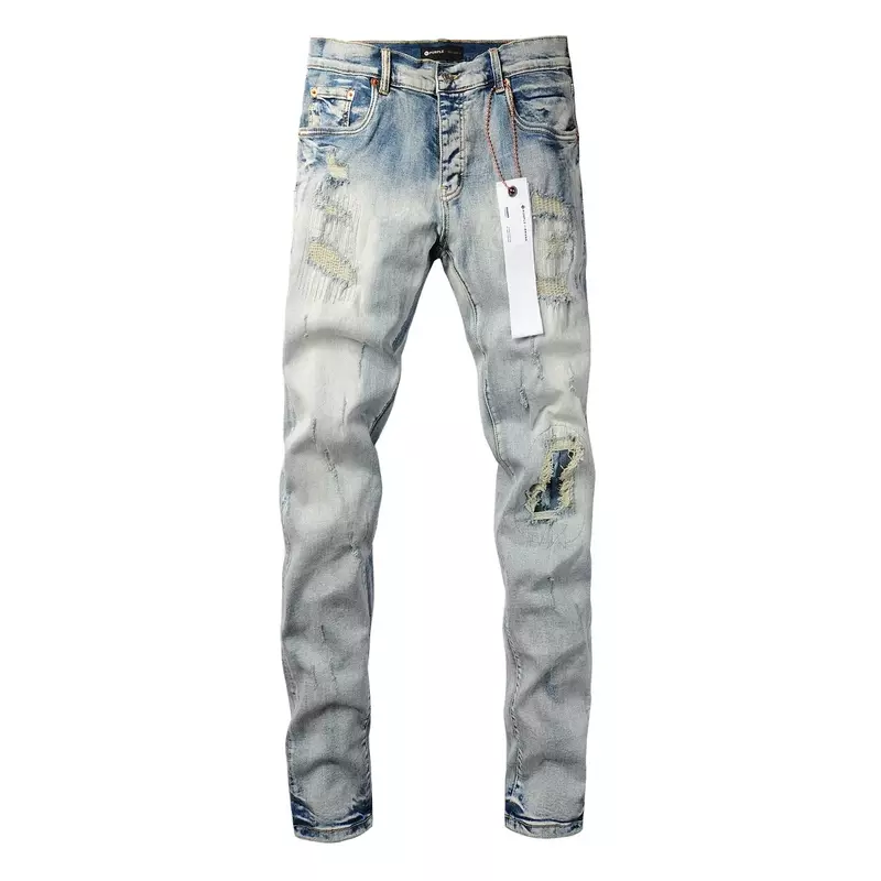 ROCA-Street Blue Patch Repair Jeans, baixa ascensão Skinny Jeans, marca de moda, roxo, qualidade superior, tamanho 28-40