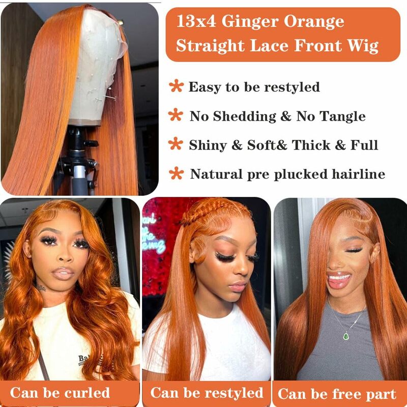 Парик Ginger Wig 13x6, прямой парик на сетке спереди 13x4 Hd, передний парик на сетке, оранжевый цвет, человеческие волосы, плотность 180, Бразильский бесклеевой парик