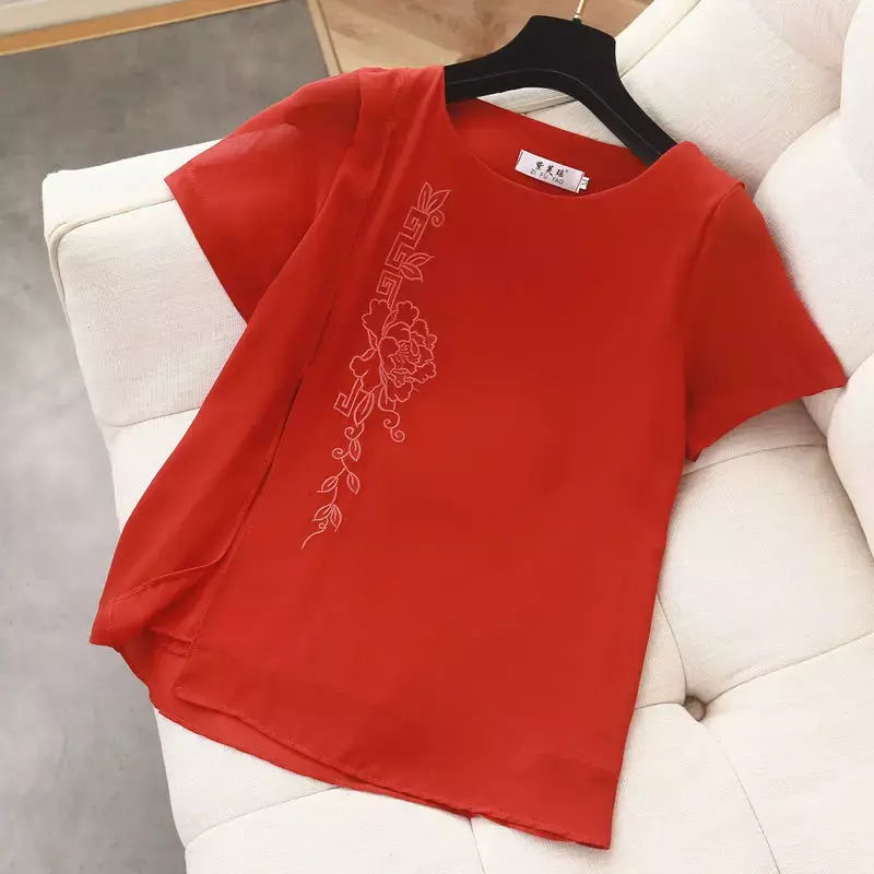 Yuqi-夏用の女性用半袖カジュアルシフォンブラウス,女性用の刺繍入りフィットシャツ,サイドスリット付き,ルーズフィット