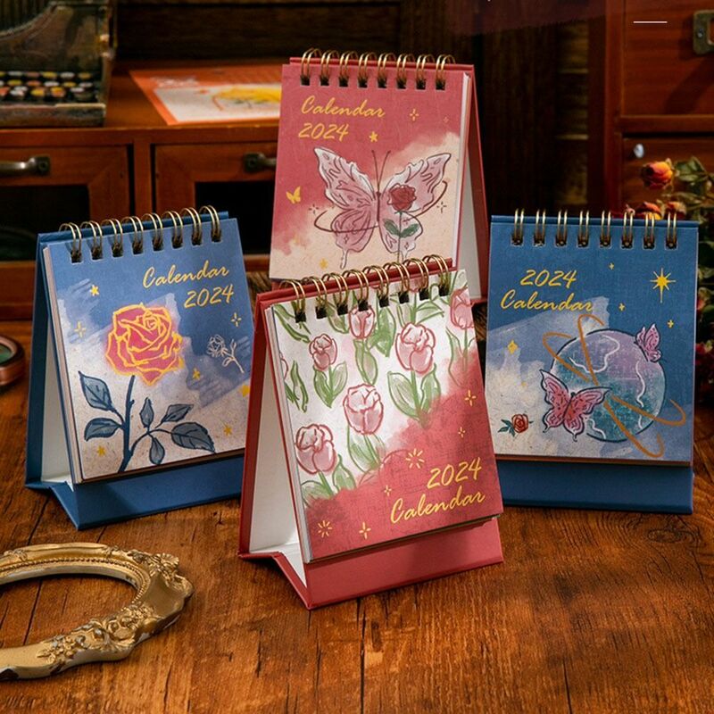 ピンクのドラゴンデザインのデスクカレンダー、かわいい漫画、繊細なカレンダー、ミニ手帳、テーブルの装飾、年2024