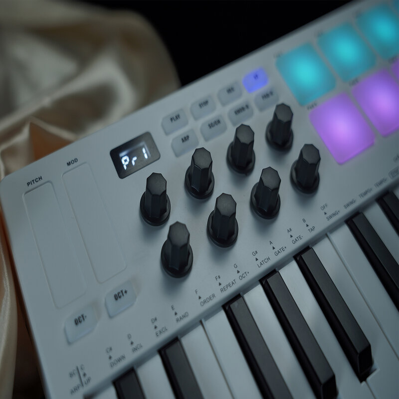 Портативная MIDI-клавиатура M-VAVE, 25 клавиш, USB MIDI-контроллер с 8 барабанными колодками с подсветкой, 8 кнопок, 8 музыкальных инструментов RGB