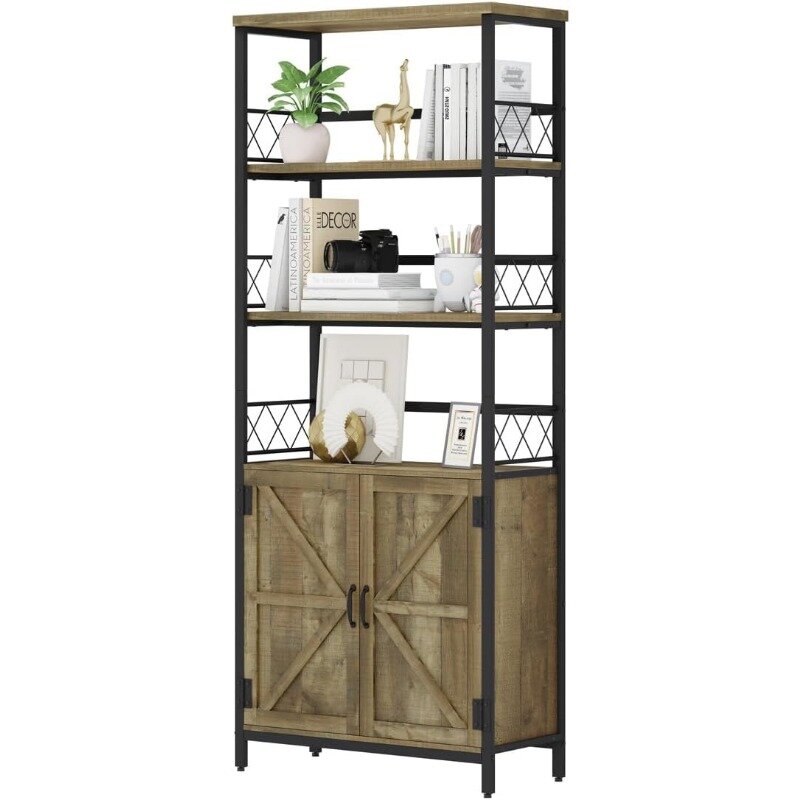 Rustic Bookcase with Storage Cabinet, Farmhouse Tall Bookshelf with Doors, Industrial Wood Metal Book Shelf for Home Office