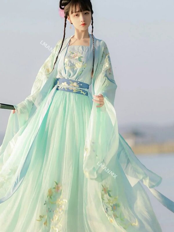فستان هانفو التقليدي المطرز للنساء ، زي تأثيري صيني قديم ، ملابس نسائية خرافية ، الصيف