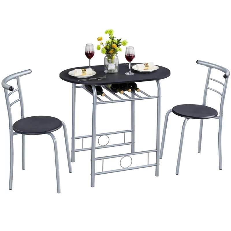 3Pcs Round Dining Table Set Kitchen Table Set with Storage Rack, Black