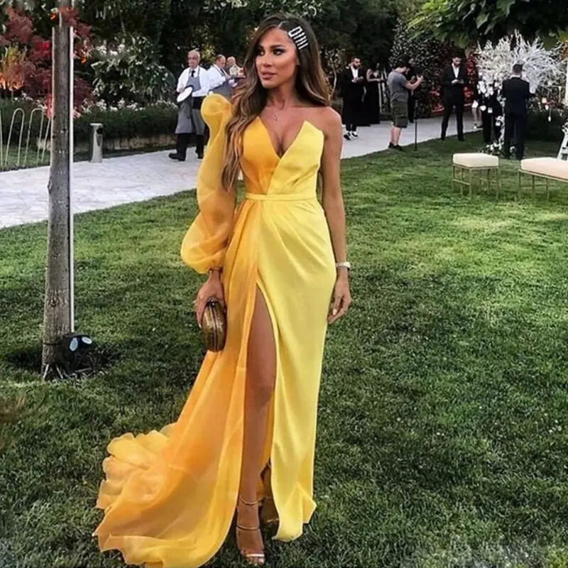 Gaun malam Satin kuning yang indah gaun pesta Prom kerah V berlipat A-Line 2024 klasik panjang satu bahu gaun wanita سsemi gaun wanita
