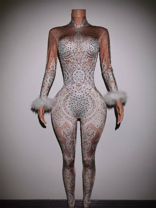 Sexy pizzo bianco strass tuta donna cantante Stage body Costume Party Celebrate Unitard glead Stones Outfit Baileisi