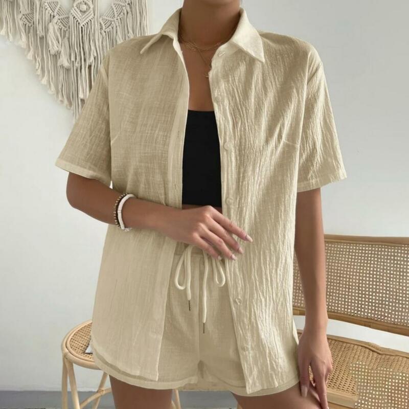 Pakaian tipis wanita, baju kasual celana pendek Set dengan tali pinggang kerah Lapel elastis desain 2 potong untuk musim panas
