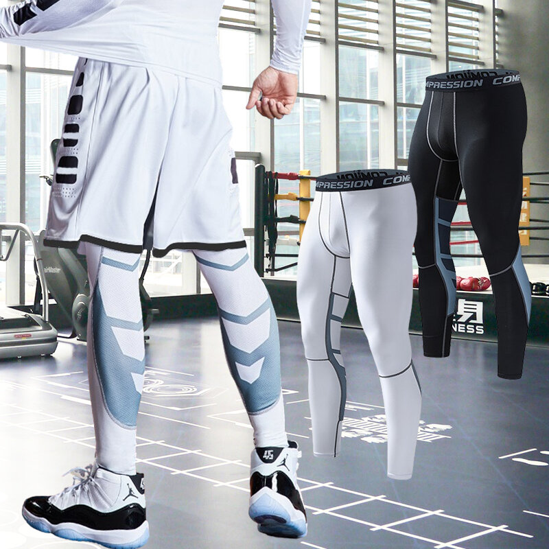Pantalones de compresión para hombre, mallas para correr, gimnasio, deporte, Fitness, secado rápido, entrenamiento, blanco y negro