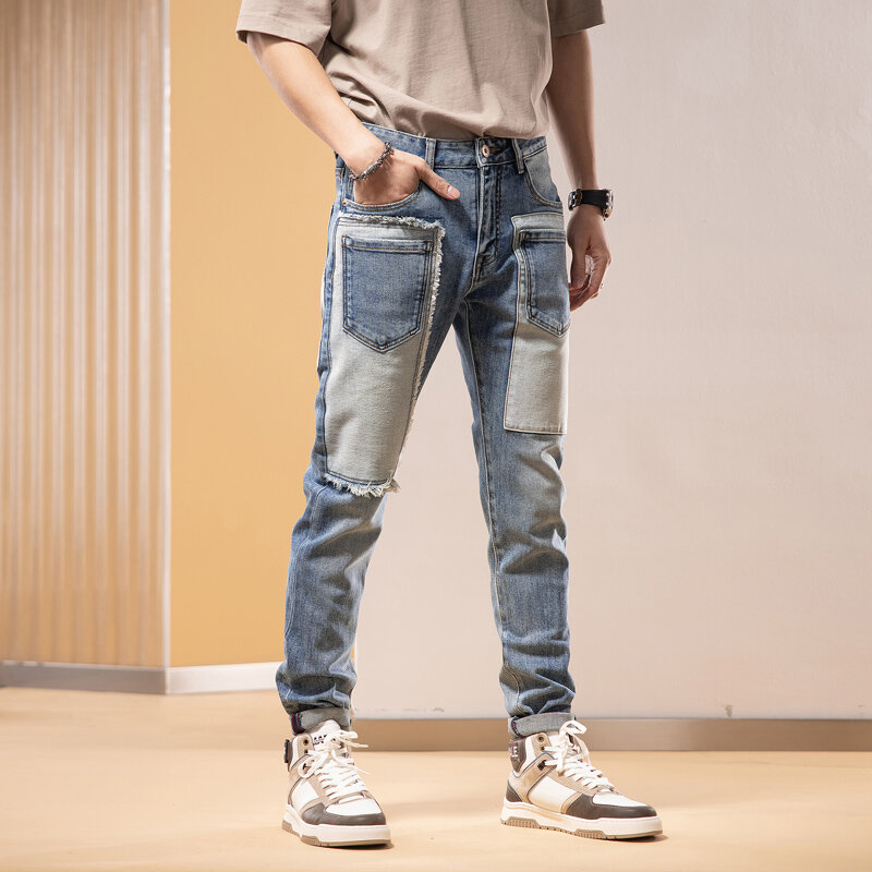 Pantalones vaqueros rasgados para Hombre, Jeans Retro elásticos, ajustados, con parches, de diseñador empalmado, estilo Hip Hop, color azul