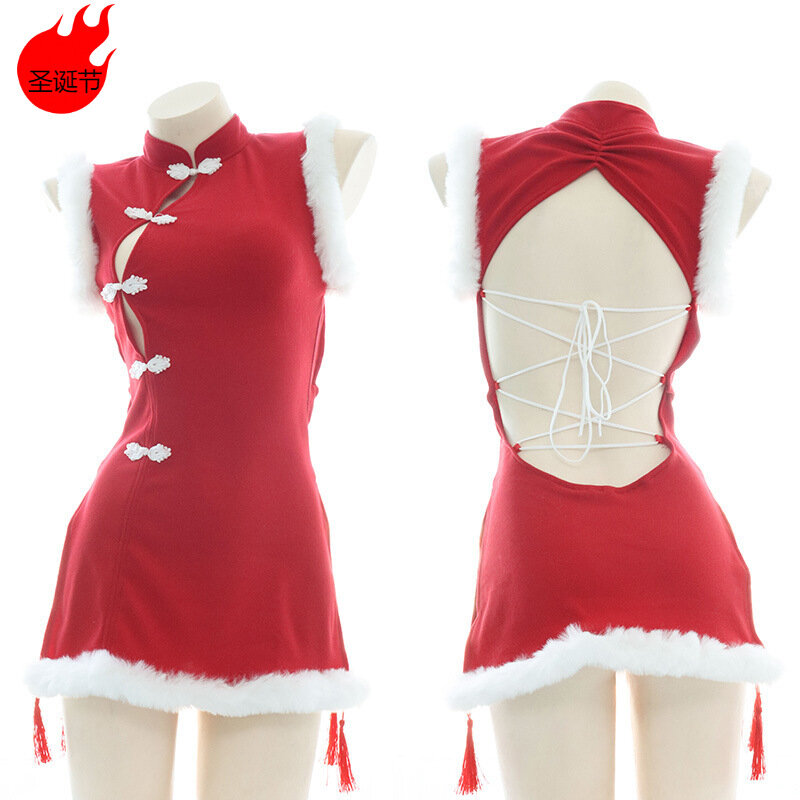 Ancient Sexy Backless Plush Cheongsam Bandage Classical Hollow Out Straps High Slit Cosplay Costume Girls Women JK Dress