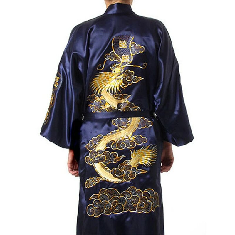 Jubah mandi pria, pakaian piyama Kimono bordir naga Cina sutra Satin untuk lelaki