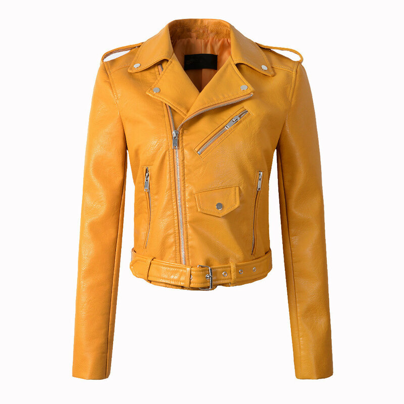 Jaqueta de couro lavada PU feminina, casaco curto versátil, zíper de motocicleta, alta qualidade, outono