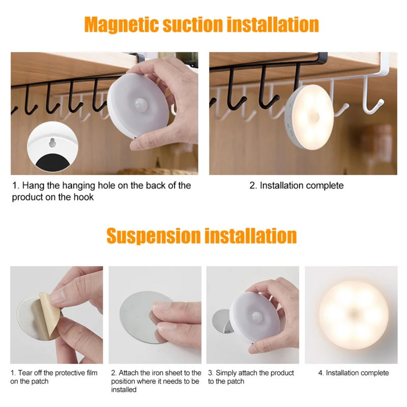 One Motion Sensor LED Night Light USB Charged Bedroom Round Bedside Lights Stairs Hallway Cabinet Circle Magnetic Base Wall Lamp