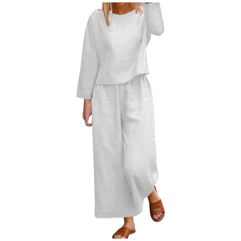 Celana katun Linen wanita set mode nyaman lengan pendek dan celana panjang warna Solid kasual longgar conjunto de pantalon