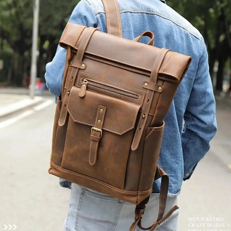 Newsbirds Vintage Style Leather Backpack Travel Bag For Men Computer 16 Inch Anti Theft Male Cowksin