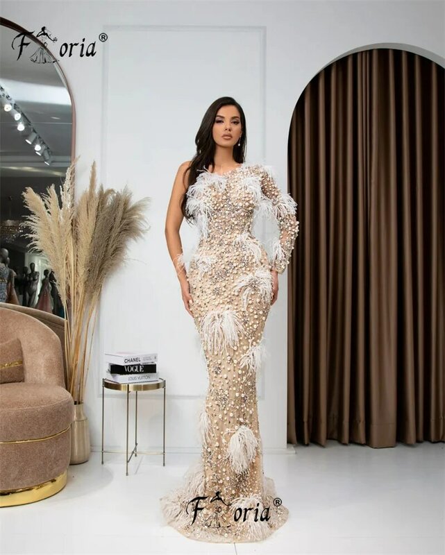 Женское вечернее платье-русалка, элегантное платье до пола с жемчужинами, перьями, одним открытым плечом, украшенное бусинами, в арабском стиле Дубая, для выпускного вечера