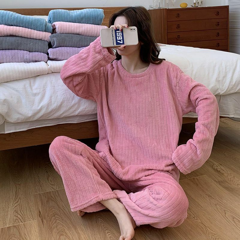 New striped pajamas for women coral velvet warm set plus velvet thick autumn and winter lazy student home wear fallow