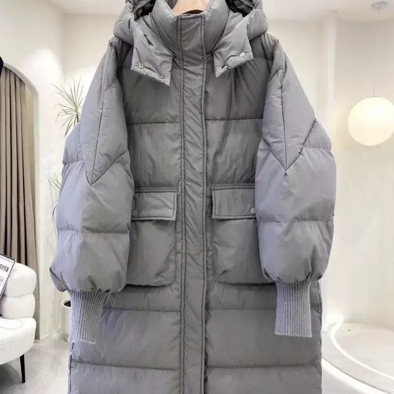 Jaket Down wanita, mantel Musim Dingin versi panjang sedang longgar parka hangat bertudung serbaguna 2023
