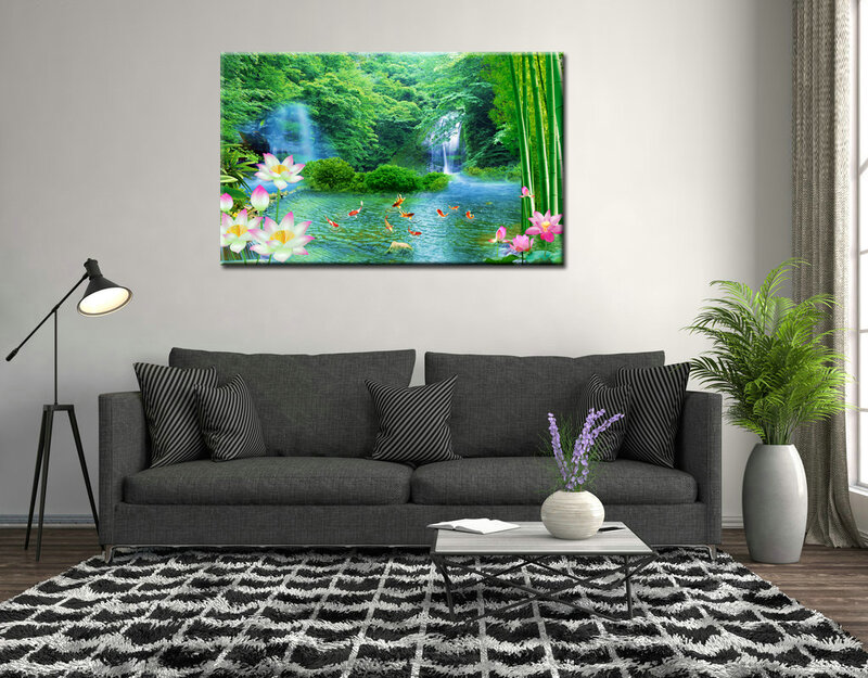 Toile d'Art Mural avec Paysage de Cascade de Forêt et de Fleurs, Peinture Imprimée, Image HD, Décoration de Maison, HYS2010