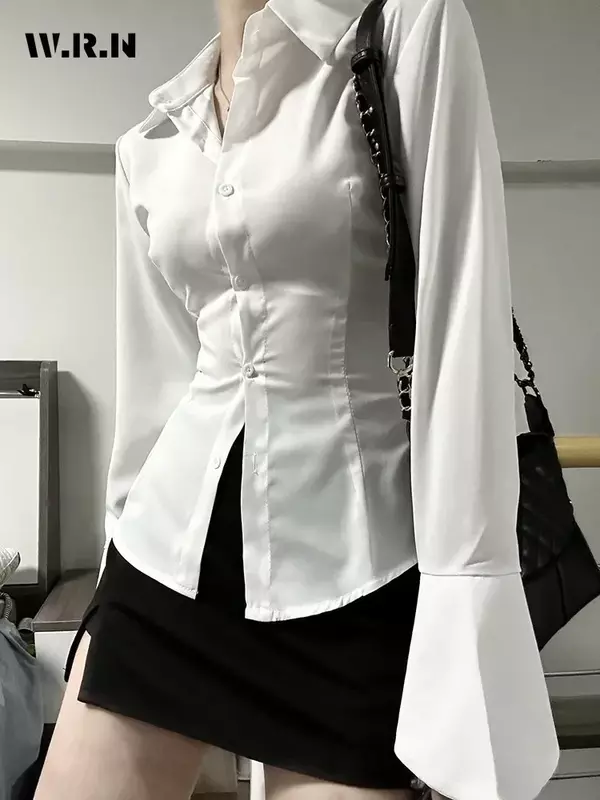 Женская шифоновая блузка с отложным воротником, однотонная приталенная винтажная блузка с расклешенными рукавами, весна 2024