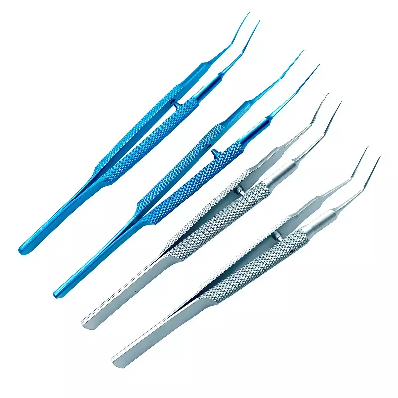 Fórceps de titanio utratata Capsulorhexis, instrumento quirúrgico oftálmico de ángulo curvo de 105mm de largo