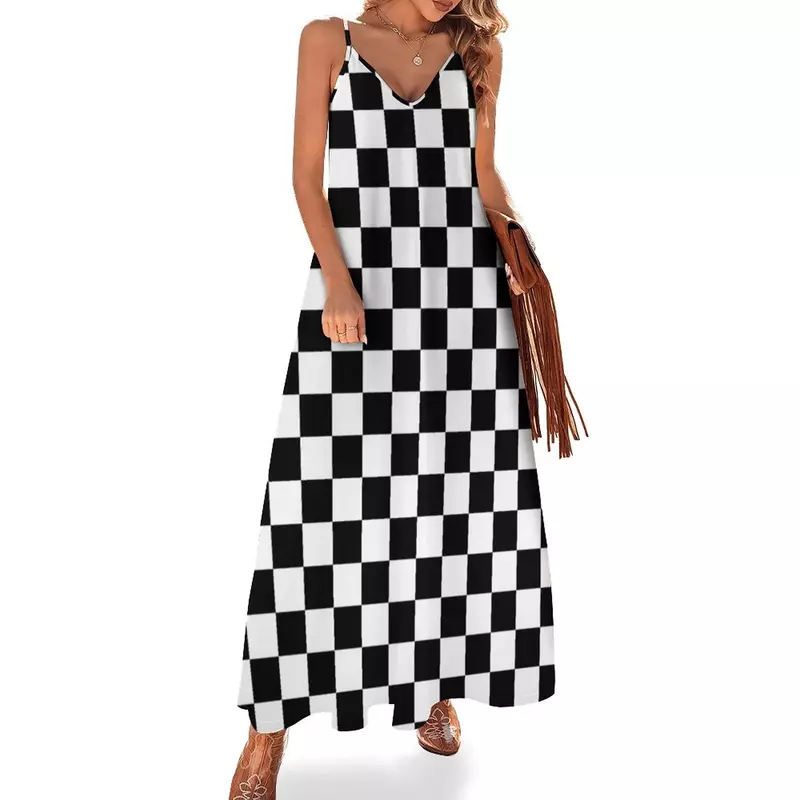 Gaun tanpa lengan pola kotak-kotak hitam dan putih gaun malam wanita musim panas 2024