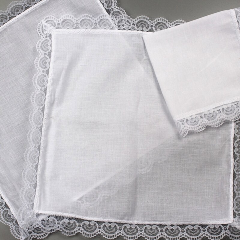 Lenço branco feminino, lenço algodão com acabamento renda, super macio, lavável, toalha peito, bolso com acabamento