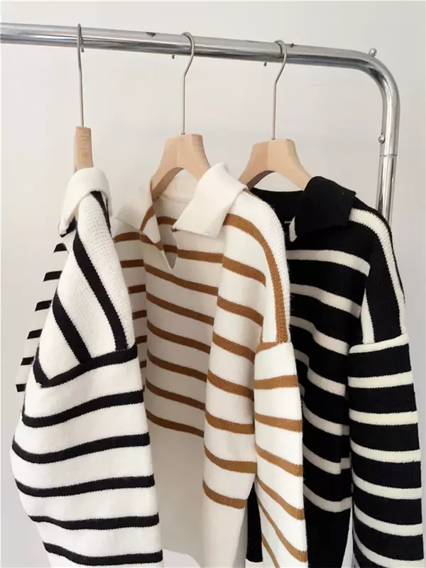 NMZM Новинка 2023 Элегантный женский свитер полосатый винтажный Модный вязаный женский осенне-зимний топ