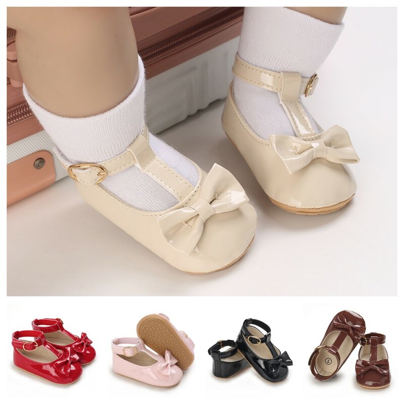 Sepatu Princess sol karet untuk anak-anak, sepatu kulit modis pita kupu-kupu sol karet nyaman dan antiselip