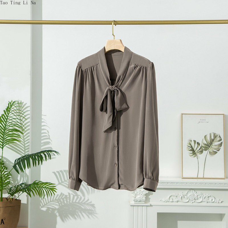 Camisa de seda de morera auténtica para mujer, camisa de manga larga con lazo, O5
