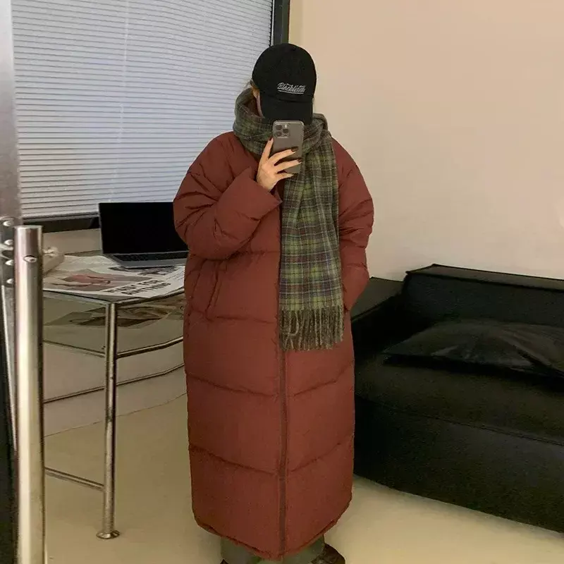 Chaqueta larga coreana para mujer, abrigo holgado de manga larga con cuello vuelto y cremallera, ropa cálida e informal, invierno, 2023