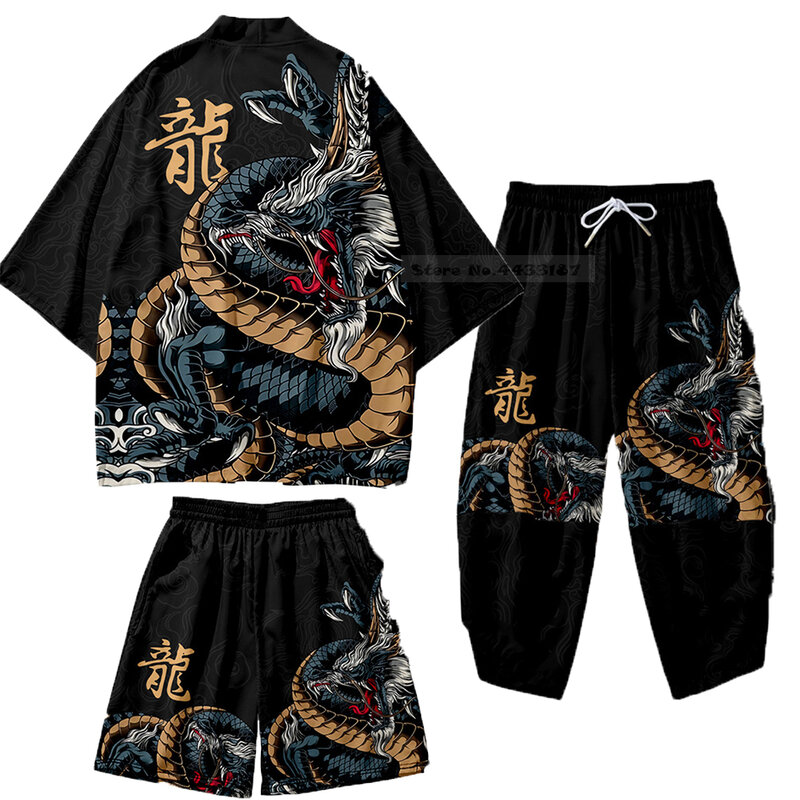 Large Size 6XL 7XL Kimono giapponese Cardigan pantaloni Set stampa drago uomo donna camicia tradizione Yukata Haori Obi Costume cosplay