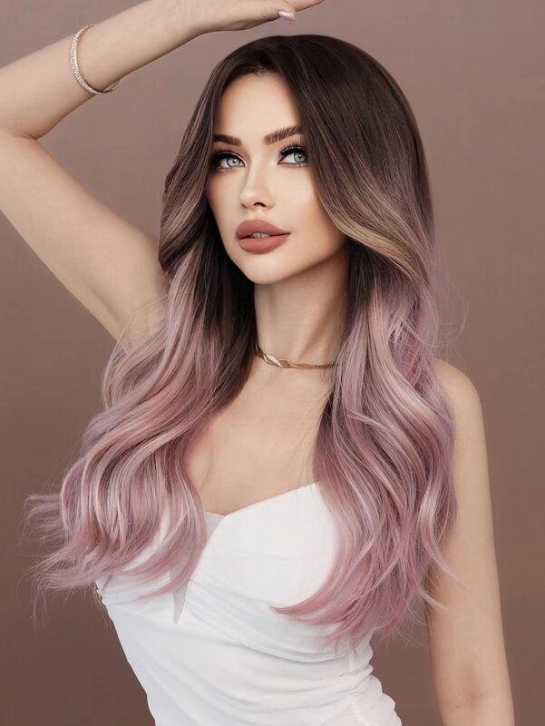 Peluca sintética para mujer, pelo largo y rizado, color rosa degradado y morado, con ondas grandes en el centro, natural, novedad