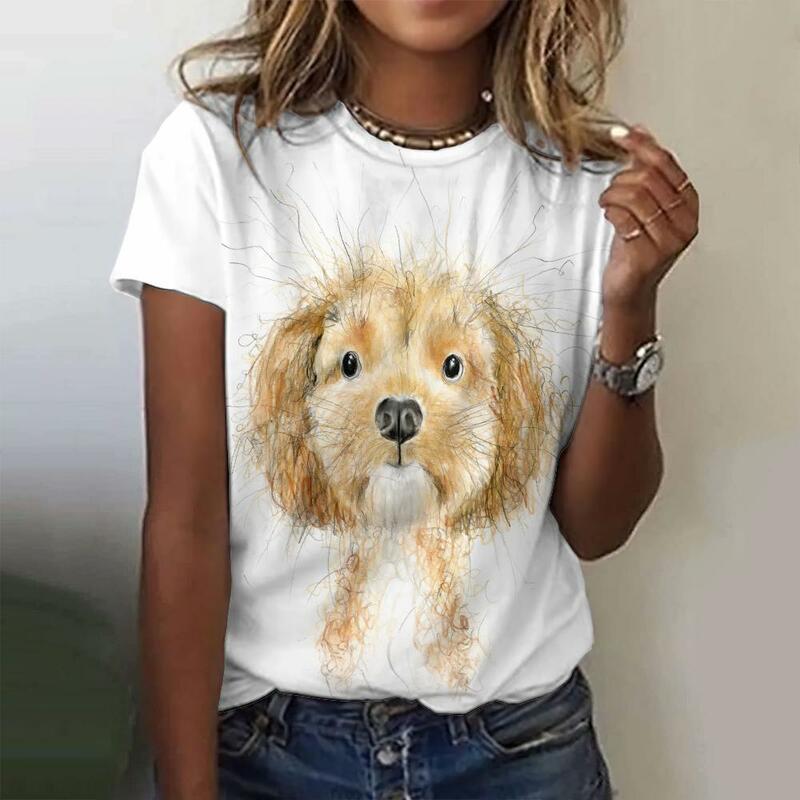 Śmieszne koszulki damskie z nadrukiem mały pies Top z okrągłym dekoltem krótki pulower rękawem moda na co dzień koszulka Oversize odzież damska 2024