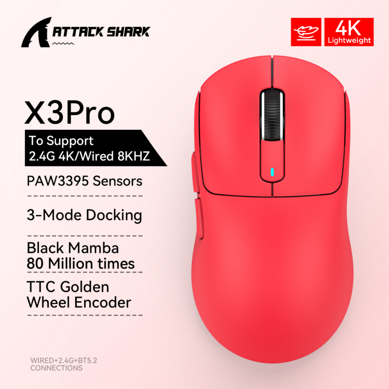 Attack Shark X3Rro ratón Bluetooth, modo con cable, 8KHz, PixArt PAW3395, trimodo, modo inalámbrico, 4KHz, Macro ligero para juegos