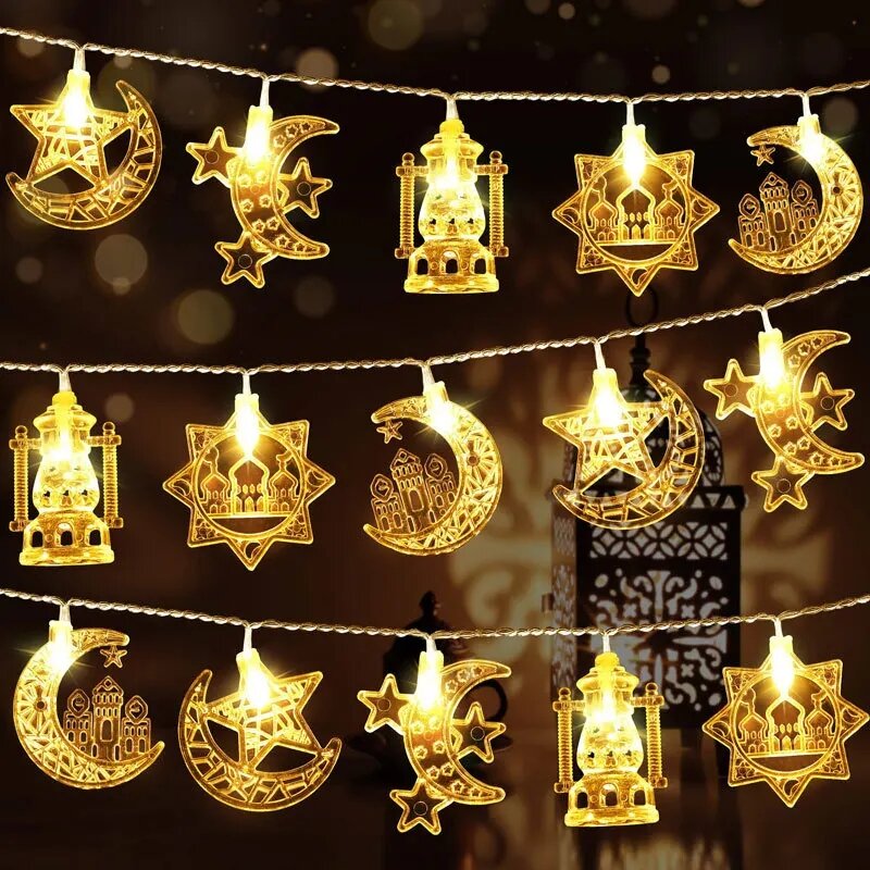 Lampu setrip LED Lebaran 1.5M, 10LED cahaya senar LED Islam Muslim pesta Festival Bulan Bintang istana lentera dekorasi rumah Ramadan 2024 baru